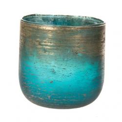 Mécsestartó kerek üveg 14x13cm kék,ezüst @
